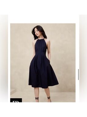 Banana Republic Poplin Halter-Neck Navy Midi Dress